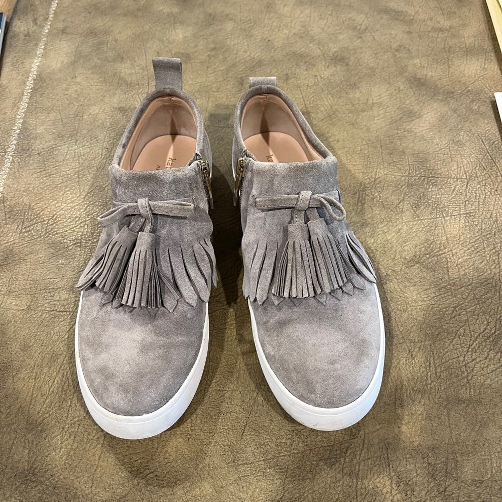 Kate Spade Lenna Gray Suede Tasseled Slip On Sneakers with Zipper, Sz 7